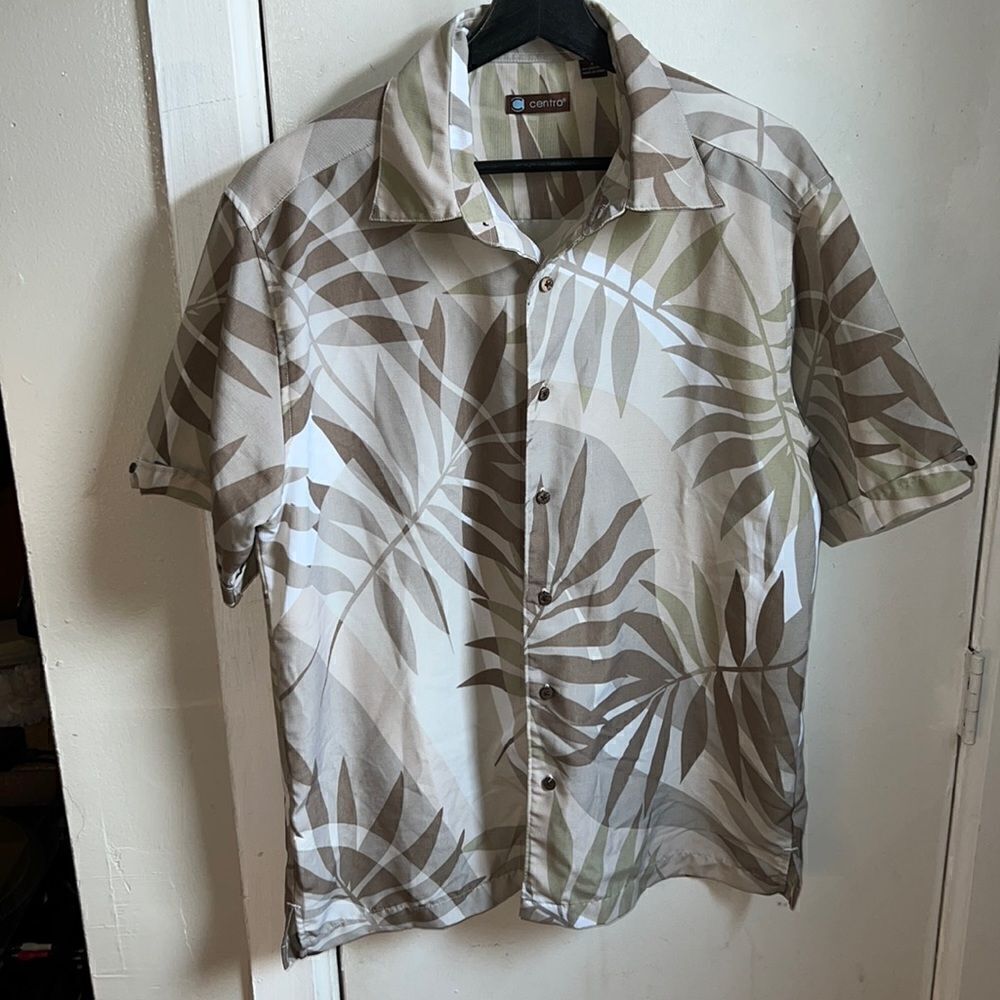 CENTRO Neutral Color Hawaiian Button Down Floral Shirt-L
